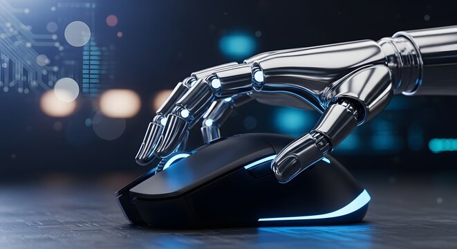 Robotic hand interacting with a futuristic computer mouse