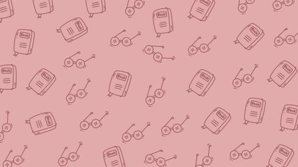 Pink background features pattern of notebooks and glasses, perfect for stationery stores, educational blogs, or fashionthemed designs wanting a playful touch.