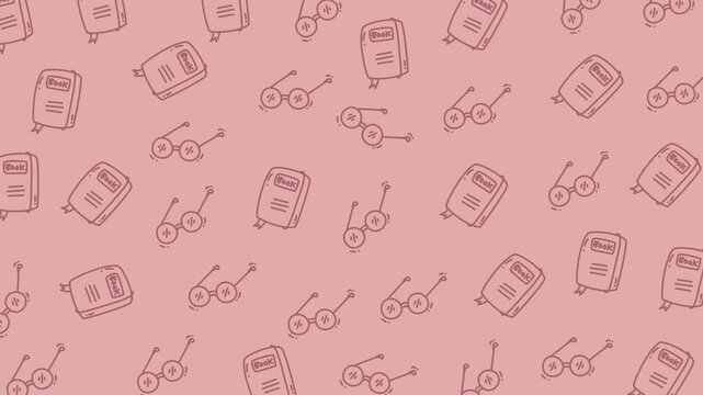 Pink background features pattern of notebooks and glasses, perfect for stationery stores, educational blogs, or fashionthemed designs wanting a playful touch.