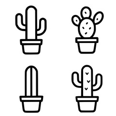 4 cactus illustrations, outline, transparent background