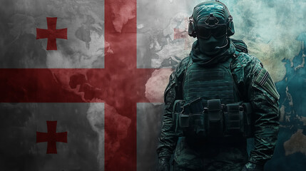 A soldier in full gear stands resolute against a backdrop of the Georgian flag, symbolizing duty and national pride. The image captures strength, readiness, and military focus.