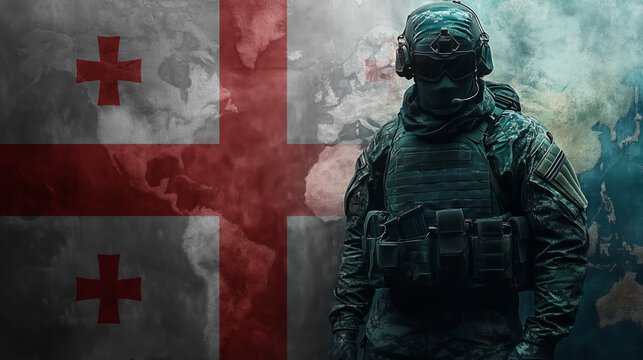 A soldier in full gear stands resolute against a backdrop of the Georgian flag, symbolizing duty and national pride. The image captures strength, readiness, and military focus.
