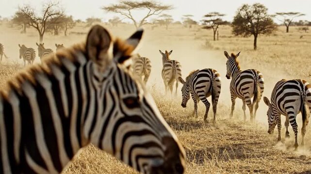 The image shows a herd of zebras running across the savannah.