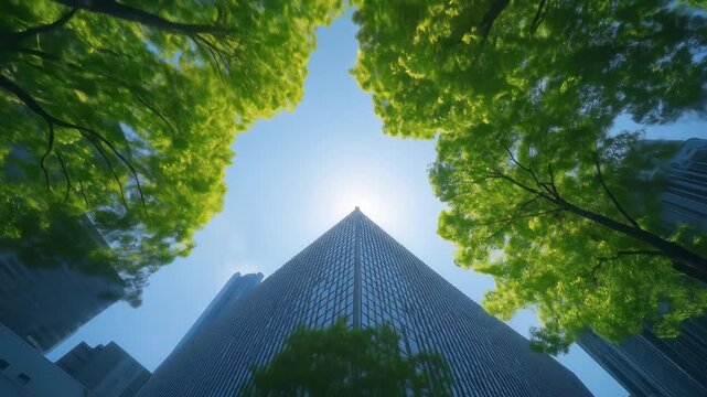 Low-angle view of a skyscraper framed by tree branches, sun peaking through
