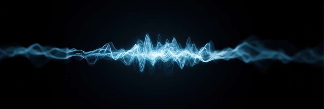 Dynamic blue soundwave on black background with vibrant light patterns
