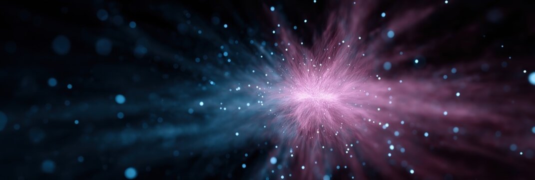 Abstract cosmic explosion with blue and pink light particles in dark space
