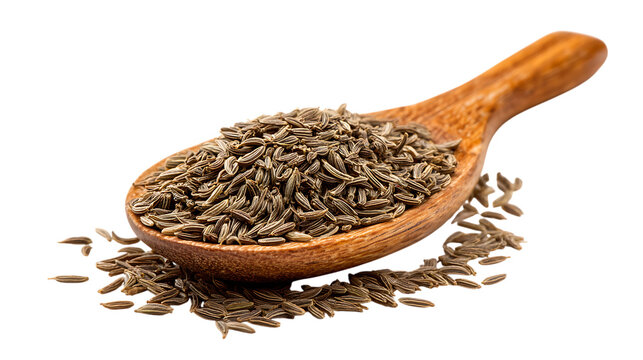 Cumin seeds in a wooden spoon isolated on transparent background, close up view
