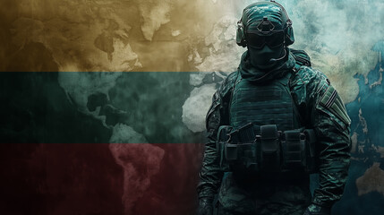 A soldier in tactical gear stands resolute against a backdrop of the Lithuanian flag and smoke. The image evokes duty, national pride, and military strength.