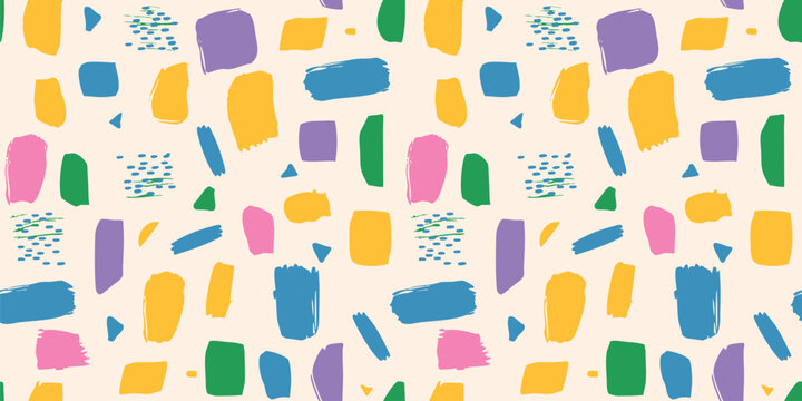 Vector funky seamless pattern with colorful scribble shapes. Kids design texture with hand-drawn brush strokes, paint spots. Playful abstract background for textile, wrap. Repeated decorative ornament