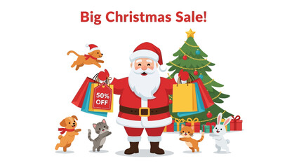 Christmas Sale Illustration: Santa Claus and his little friend herald a grand Christmas sale, set against a backdrop of festive elements, inviting shoppers to embrace the holiday spirit