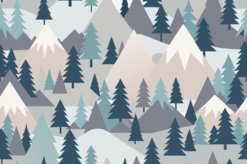 Obraz premium Abstract Mountain and Evergreen Tree Pattern in Cool Grey, Blue, and White Tones