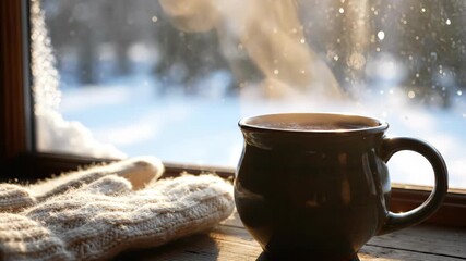 Cozy winter scene with a steaming hot drink in a mug. Knitted mittens on a windowsill with snow falling outside. Warm and comfortable hygge concept - Powered by Adobe