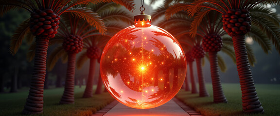 Red Christmas ornament hanging among palm trees in evening light  