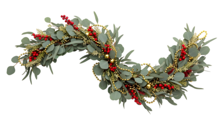 Decorative floral garland with red accents isolated on transparent background