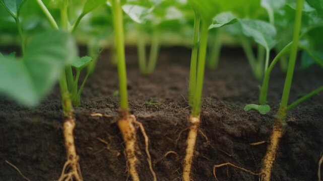 Small plants with roots in ground. Fresh green leaf. Nature and growing concept. Close-up.