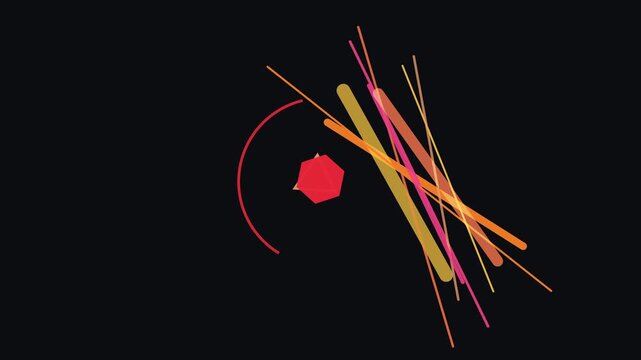 Abstract composition of colorful lines and a red hexagon on a black background, dynamic and energetic visual