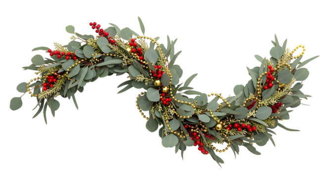 Decorative floral garland with red accents isolated on transparent background