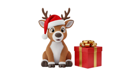 Cute cartoon reindeer wearing santa hat with gift isolated on transparent background