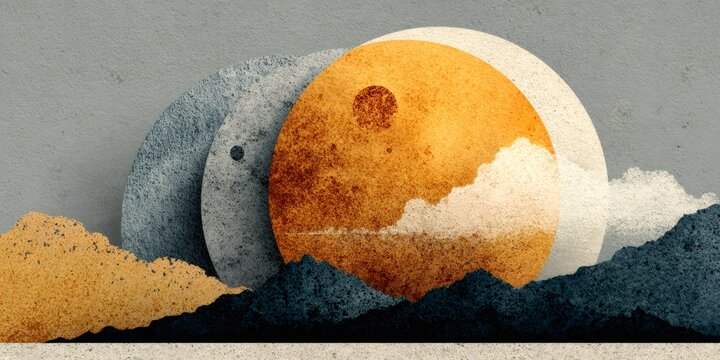 Abstract landscape with sun, moon, and textured mountains