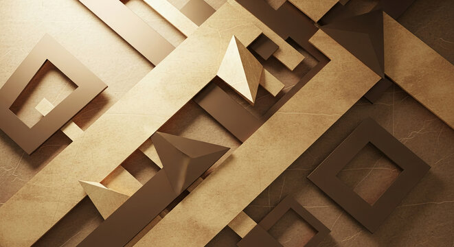 Abstract arrangement of beige geometric shapes with metallic brown outlines and marble texture, showcasing modern, architectural and technological themes