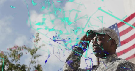 Service member turning saluting cap and extending arm to honor American flag as triangles drift