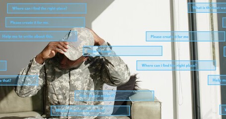 Soldier bringing cap down and adjusting on sofa, causing animated blue text boxes for military prep