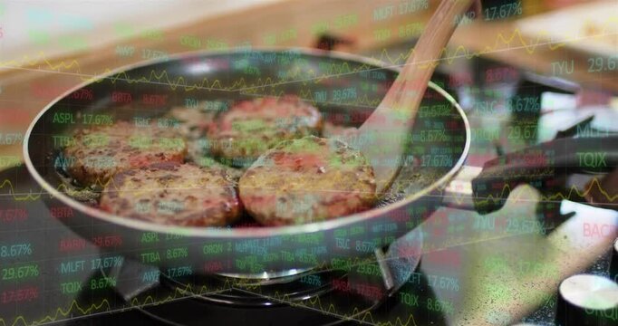 Cook's hand nudging spatula and flipping food patties on stove animated graphs tracking browning