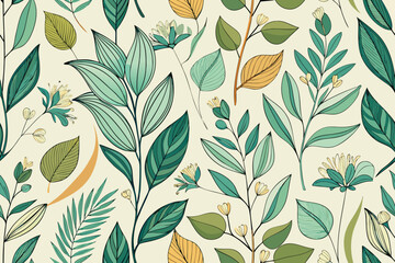 Fototapeta premium Hand- Drawn Pattern of Teal and Yellow Leaves and Flowers