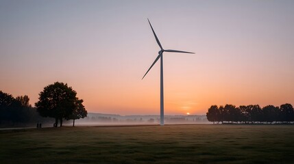 Fototapeta premium A solitary wind turbine stands in a misty rural field at sunrise with soft pastel colors illuminating the sky