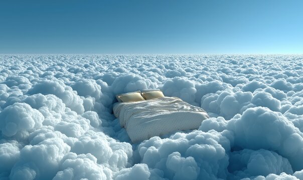 A bed with white linens floats among fluffy clouds under a clear blue sky, evoking tranquility