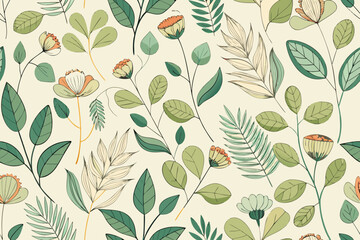 Fototapeta premium Seamless Pattern of Hand- Drawn Botanical Elements and Flowers
