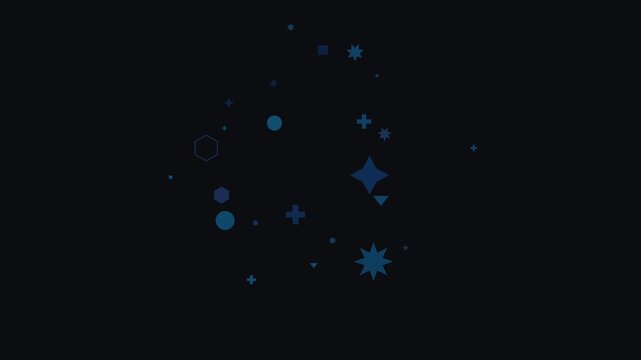 A dark background with scattered blue geometric shapes including stars, circles, hexagons, and crosses, creating a celestial or abstract pattern