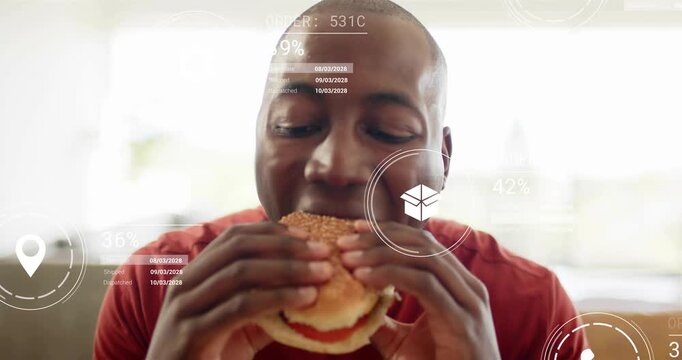 Man sitting couch bringing burger close and taking bite, delivery HUD tracking order IDs
