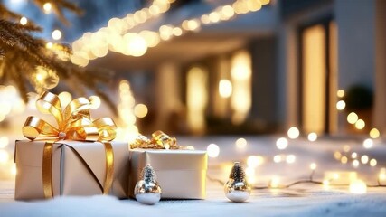 Christmas celebration table decorated with futuristic smart gifts, AR greeting cards, holographic packages with LED light patterns,color-changing designs, modern holiday festive atmosphere, copy space - Powered by Adobe