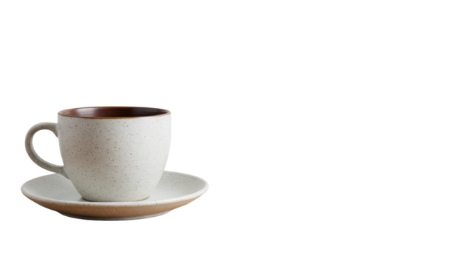 transparent speckled ceramic coffee cup with brown rim and matching saucer on a rustic wooden table, bright white background, copy space, minimalist product display concept