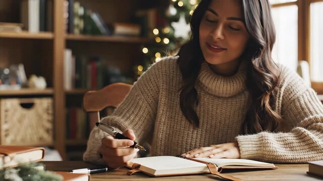 A young woman writing in a journal at home during the Christmas holidays. Smiling person in a cozy sweater making notes in a diary. New Year's resolutions and goal setting concept