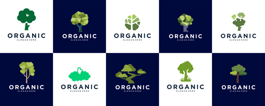 A collection of green tree logos symbolizing the environment, nature conservation, parks, and graphic illustration design.