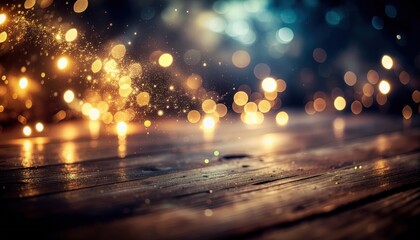 Enchanting bokeh lights sparkle and dance across a rustic wooden surface creating a magical