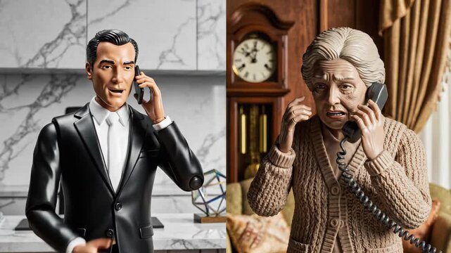 Stop motion animation of a phone scam targeting an elderly woman. A split screen shows a worried senior on a landline and a calm man on a smartphone. Elder fraud concept