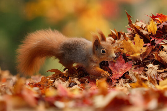 &Eacute;cureuil roux plongeant t&ecirc;te la premi&egrave;re dans un tas de feuilles d'automne