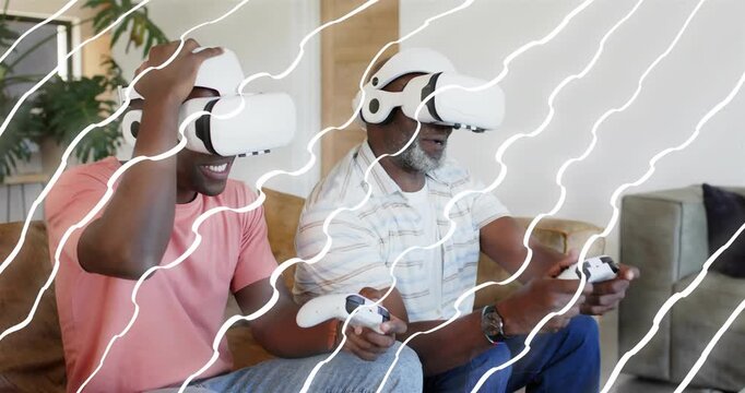 Adult adjusting headset, Senior gripping controller, playing VR game on couch with overlaying waves