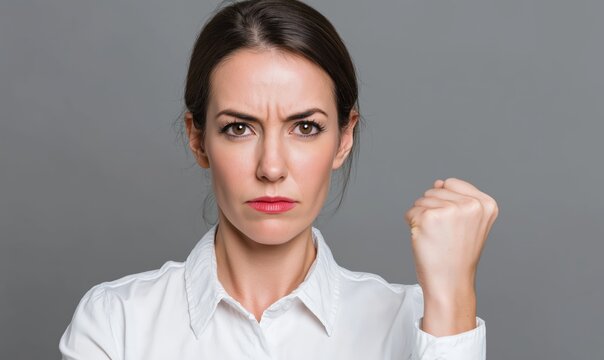 Determined woman shows strength and confidence by raising her fist in an inspiring moment of empowerment