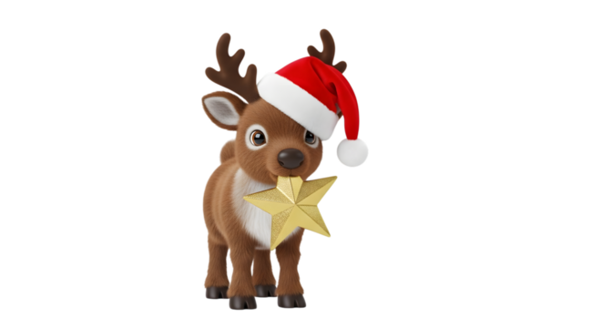 Cute reindeer wearing santa hat holding a star isolated on transparent background - Powered by Adobe