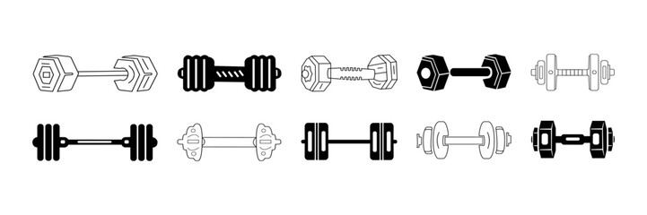 Dumbbell and barbell icon set. Fitness gym, workout, strength, training, weightlift, exercise, equipment  collection outline silhouette vector design.