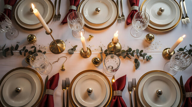 Elegant holiday table setting with candlelight fine china and festive decor