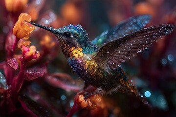 Minuscule colibri aux plumes irisées se nourrissant d'une fleur exotique