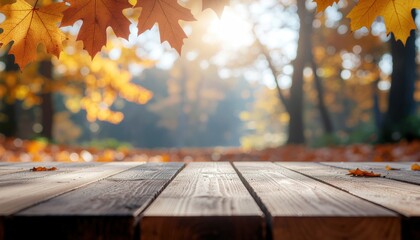 Autumnal serenity wooden surface with vibrant foliage evoking peaceful atmosphere