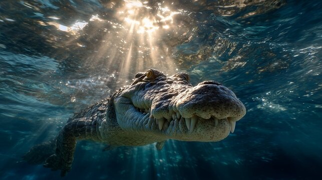 Vue sous-marine d'un crocodile marin nageant silencieusement juste &agrave; la surface