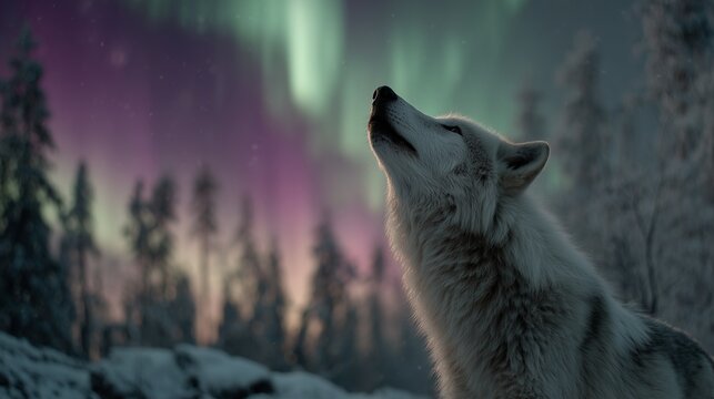 Loup arctique hurlant sous une aurore bor&eacute;ale vibrante