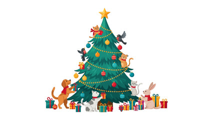 Festive Gathering: Adorable animals, with cats, dogs, birds, and a rabbit, decorate a vibrant Christmas tree, creating a whimsical scene perfect for holiday cards or festive projects. 